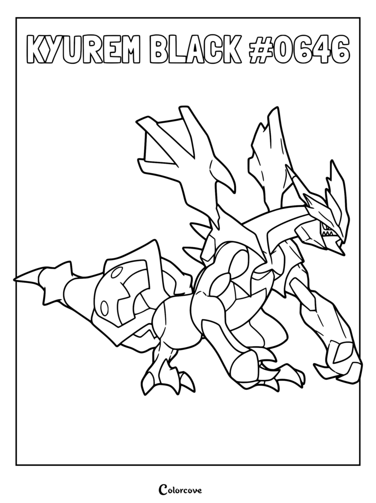Kyurem Black standing in a dynamic pose, detailed line art coloring page of the legendary Unova Pokemon.