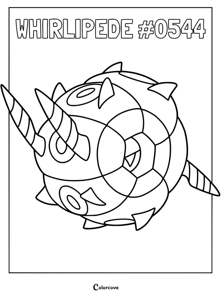 Whirlipede Pokemon coloring page featuring the spherical, segmented bug-type creature with sharp spikes and circular patterns.