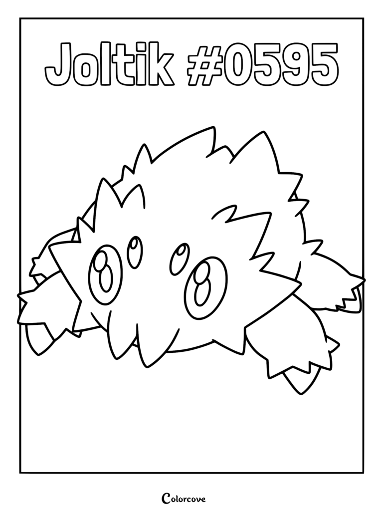 A printable coloring page featuring the small, fuzzy, four-eyed spider Pokemon Joltik with its name and Pokedex number 0595 at the top.