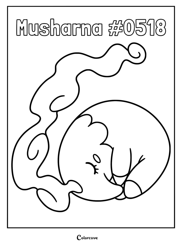 A printable coloring page featuring the Unova Pokemon Musharna sleeping with dream mist swirling above its head.