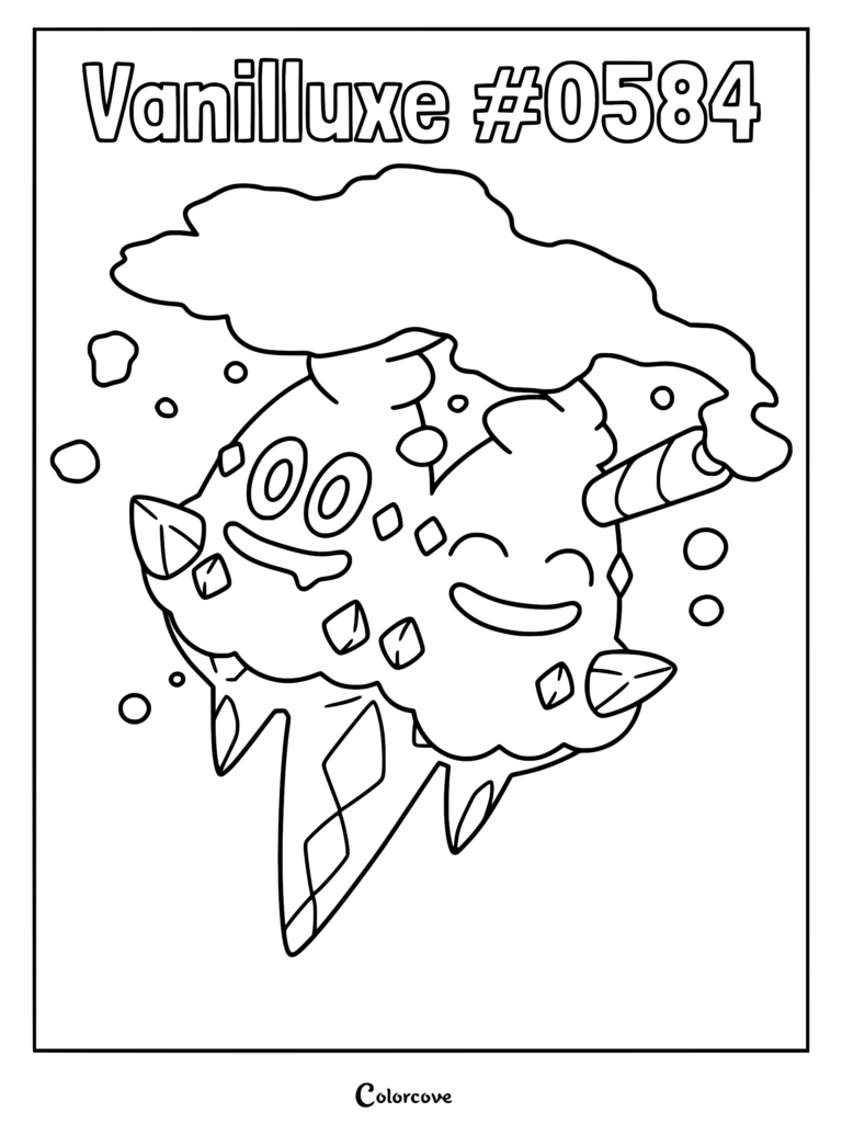 A detailed line art coloring page of the two-headed ice cream Pokemon Vanilluxe with floating snow crystals and a wafer straw.