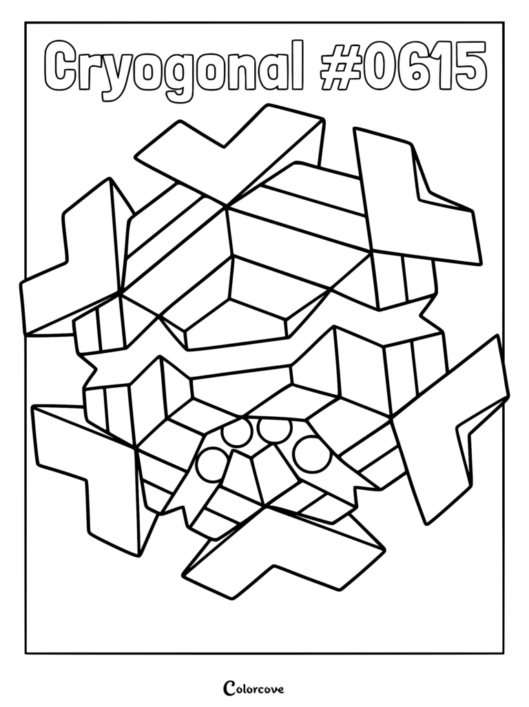 A detailed geometric snowflake-shaped Cryogonal Pokemon coloring page with sharp crystalline edges and a central face.