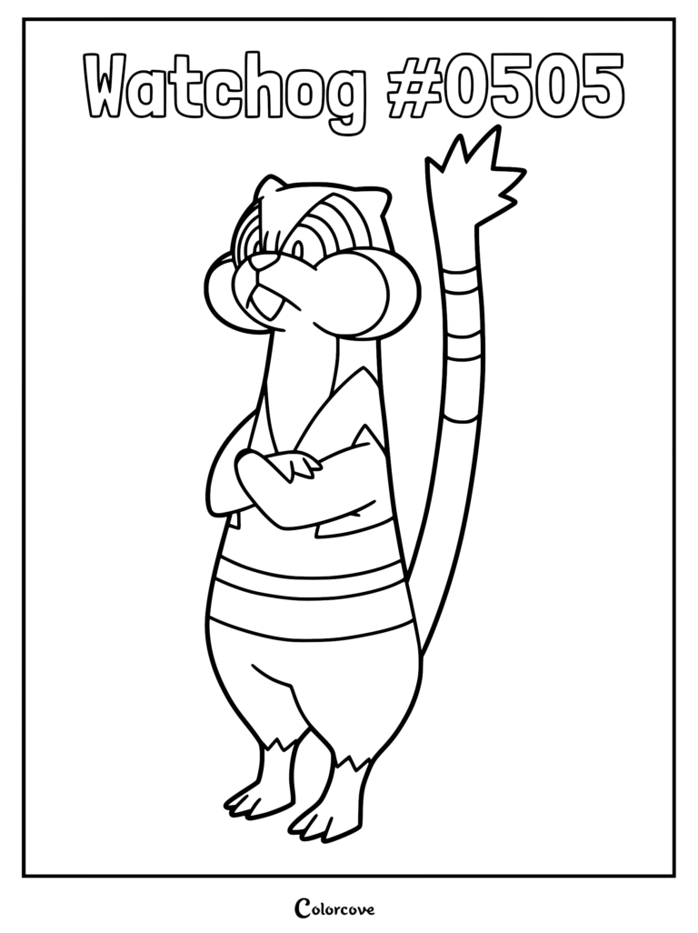 Watchog standing with arms crossed and tail raised high in a printable coloring page.