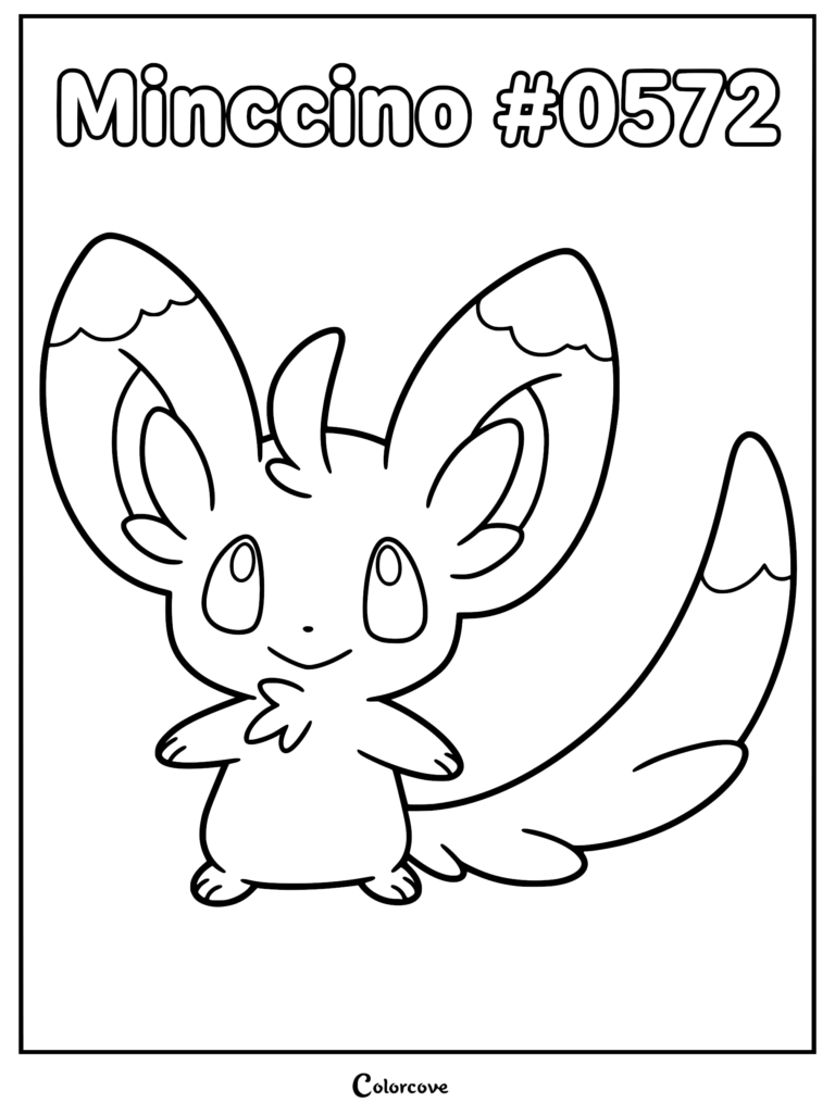 A printable Minccino coloring page featuring the Unova region Pokemon with large ears and a fluffy tail.