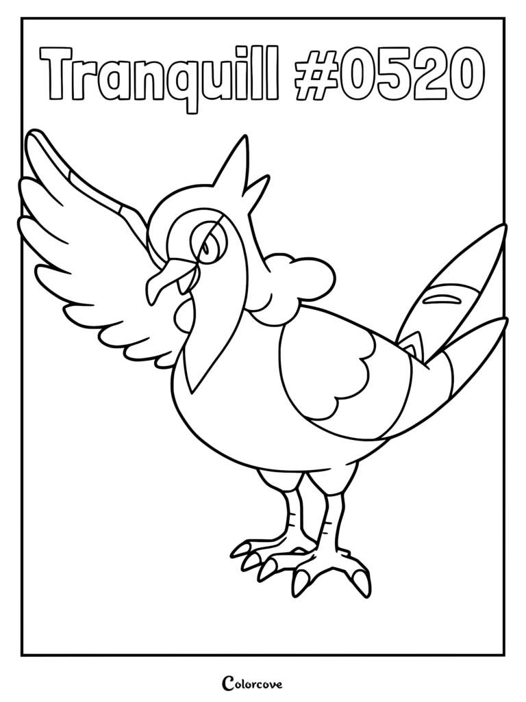 Tranquill Pokemon #0520 standing with one wing raised in a detailed black and white coloring page.