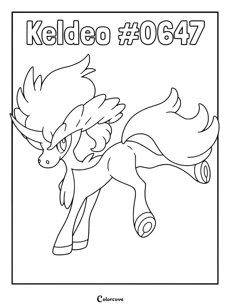 Keldeo in its Resolute Form with a prominent horn and flowing mane on a printable coloring page.