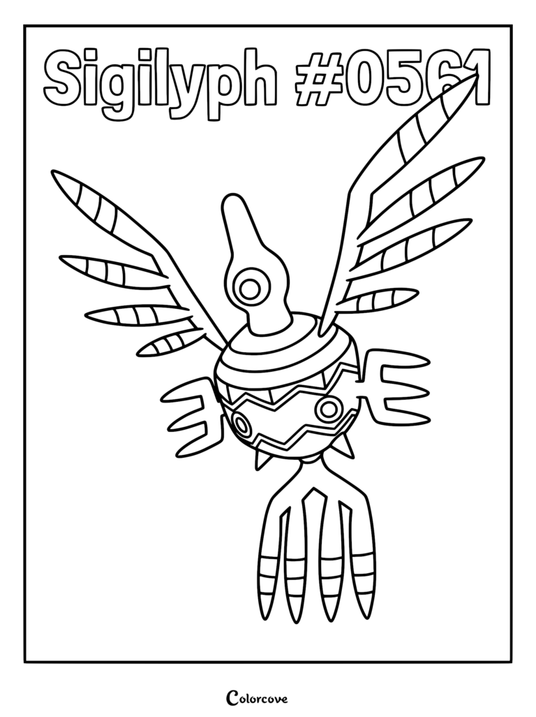 Sigilyph Pokemon with geometric patterns and wings spread wide on a printable coloring page.
