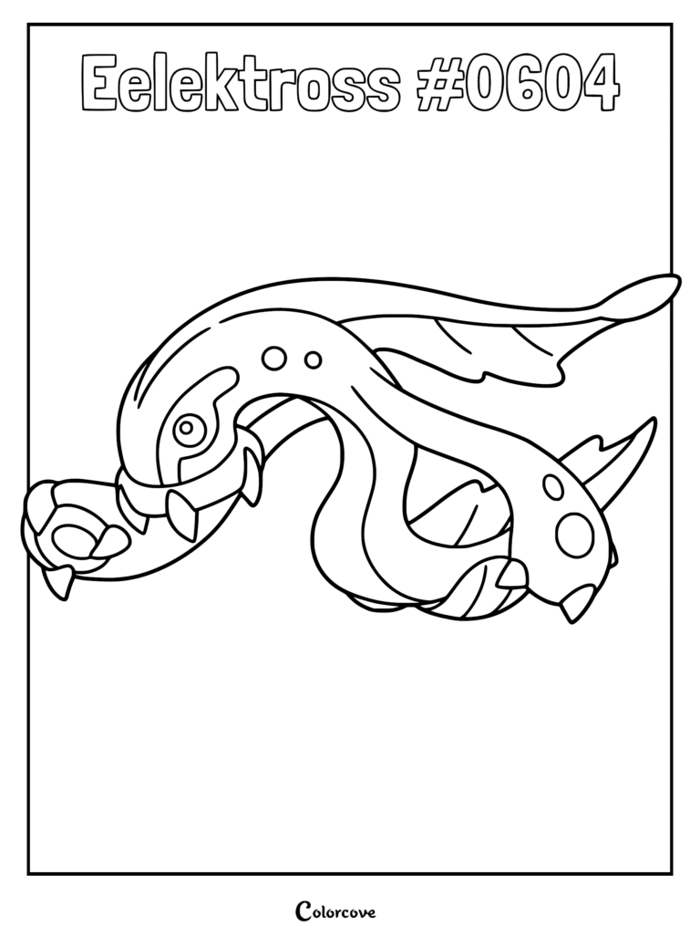 Eelektross Pokemon #0604 line art coloring page featuring the eel-like creature with fins and circular spots.