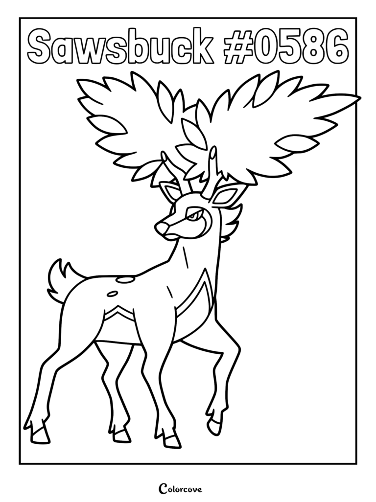 Sawsbuck standing with large leafy antlers in this printable Pokemon coloring page.