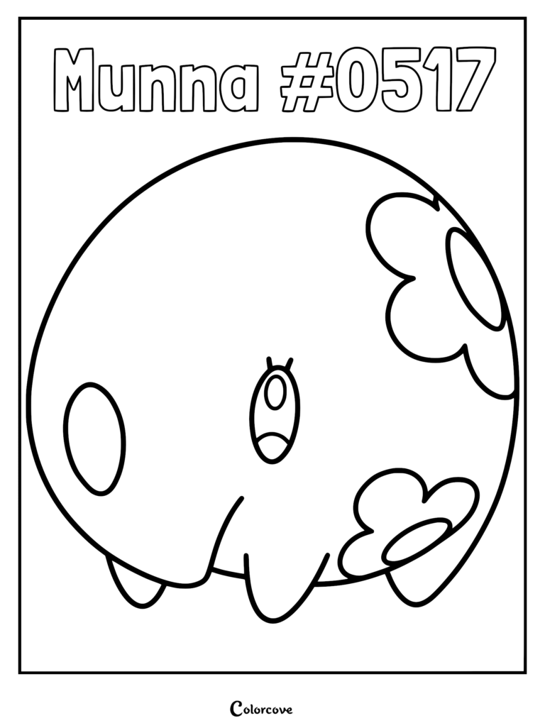 Munna Pokemon coloring page featuring the round, floral-patterned Dream Eater creature with its distinct eye and small snout.