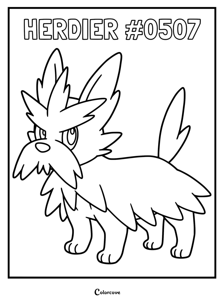 A black and white line art coloring page of the Unova Pokemon Herdier, featuring its signature thick fur and mustache, labeled with its name and Pokedex number 0507.