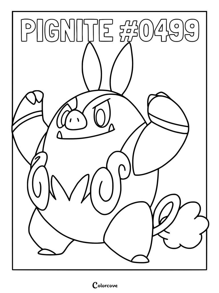 Pignite standing with arms raised in a dynamic pose, featured on a printable coloring page with its name and Pokedex number #0499 at the top.