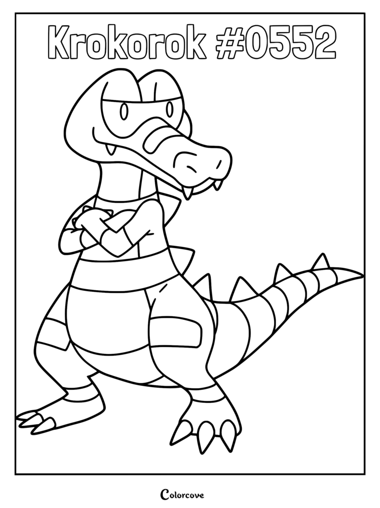 A printable coloring page featuring Krokorok standing with arms crossed and a confident expression.