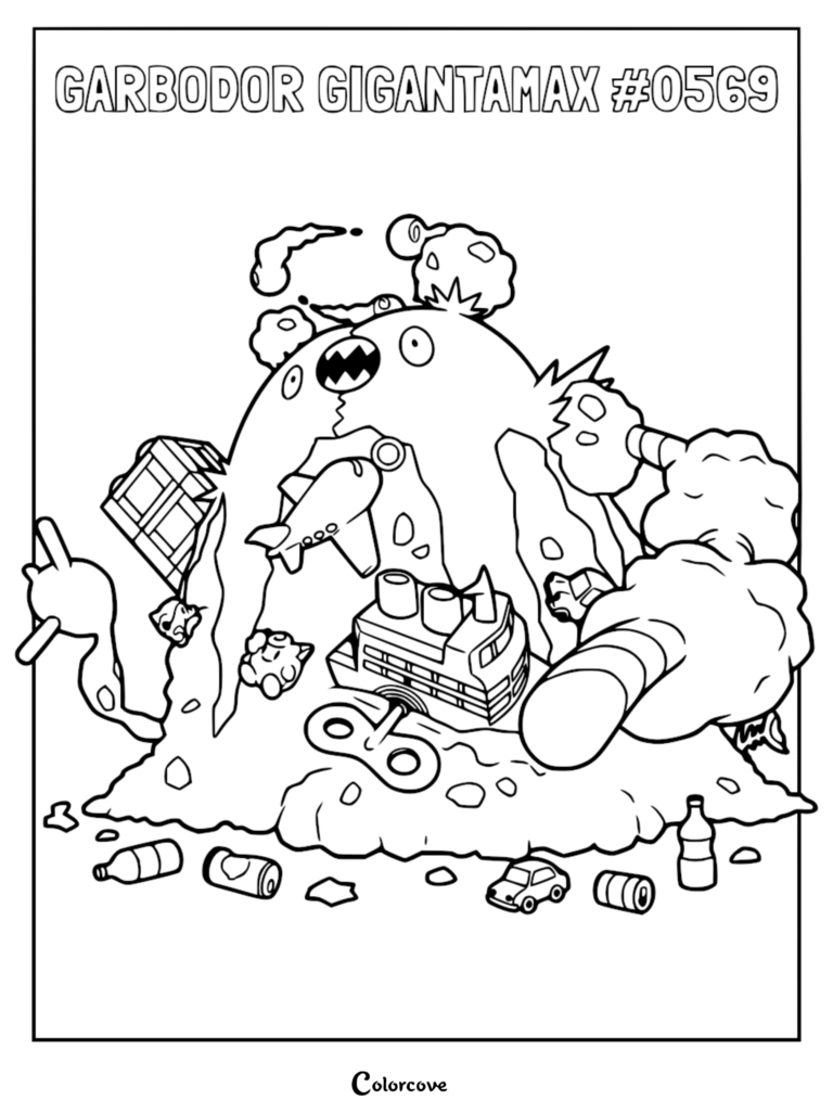 Gigantamax Garbodor coloring page featuring a massive pile of trash with a toy ship, airplane, and car embedded in its body.