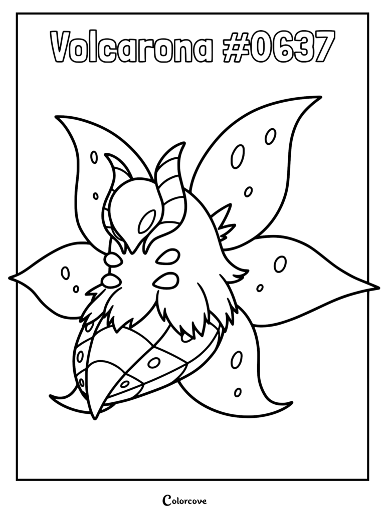 Volcarona Pokemon with four large wings and antennae in a printable coloring page format.