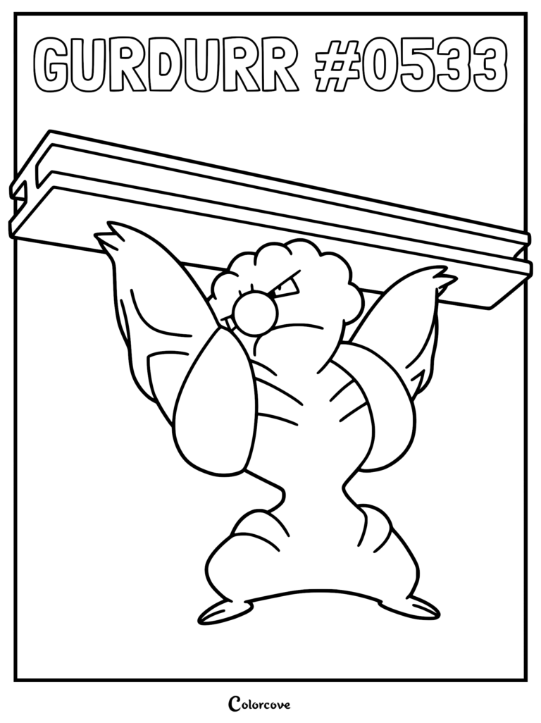 Gurdurr holding a large steel beam above its head in this printable Pokemon coloring page.
