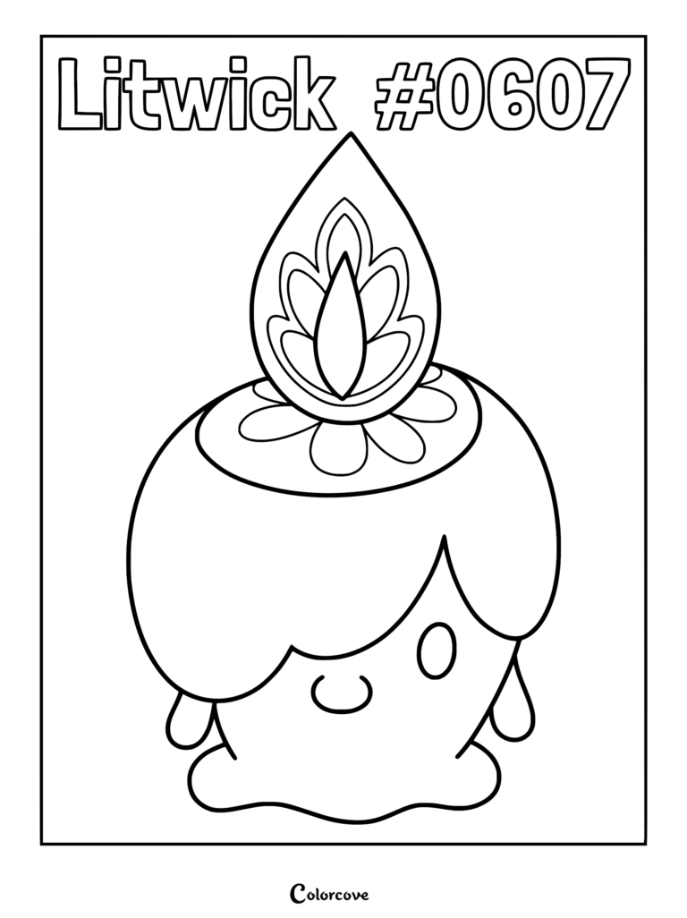 A printable coloring page featuring Litwick, the candle-like Pokemon with a stylized flame on its head.