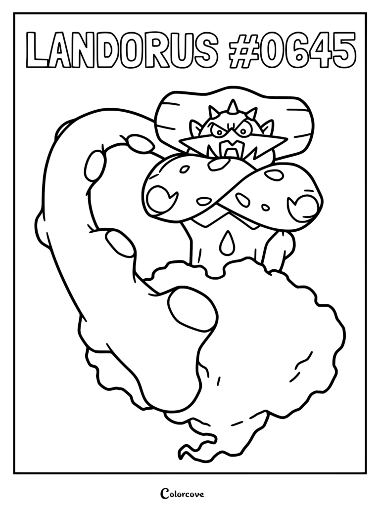 Landorus in Incarnate Forme with a cloud tail and spiky head crest on a printable coloring page.