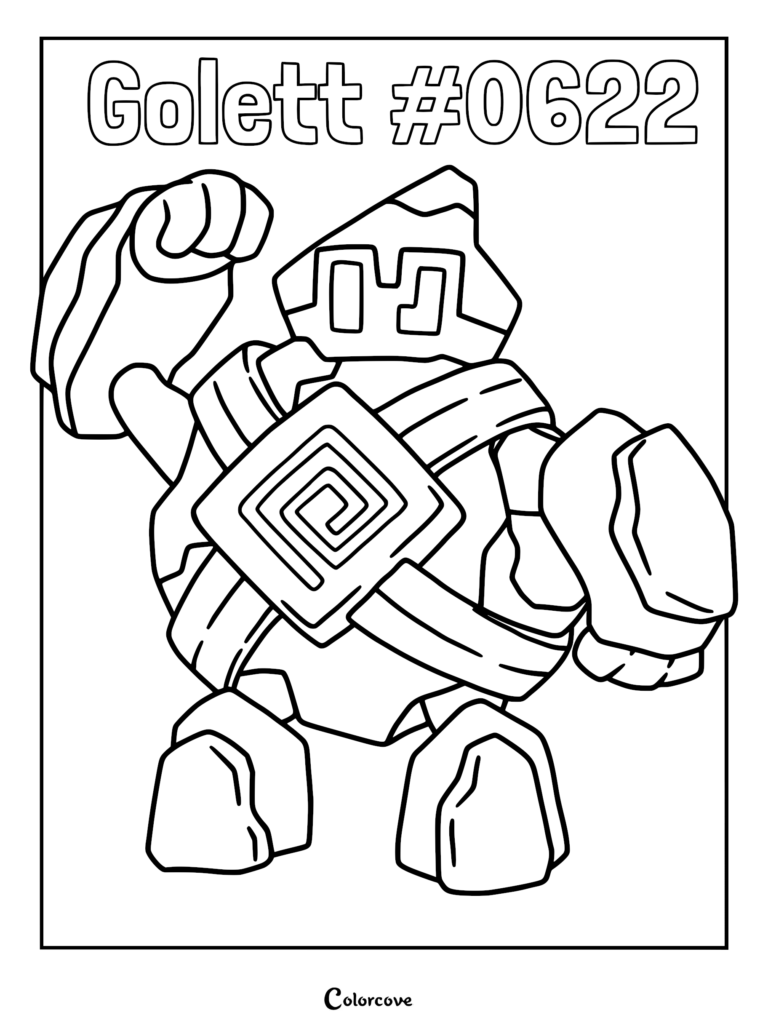 Golett Pokemon with a spiral chest plate and raised fist in a printable coloring page format.