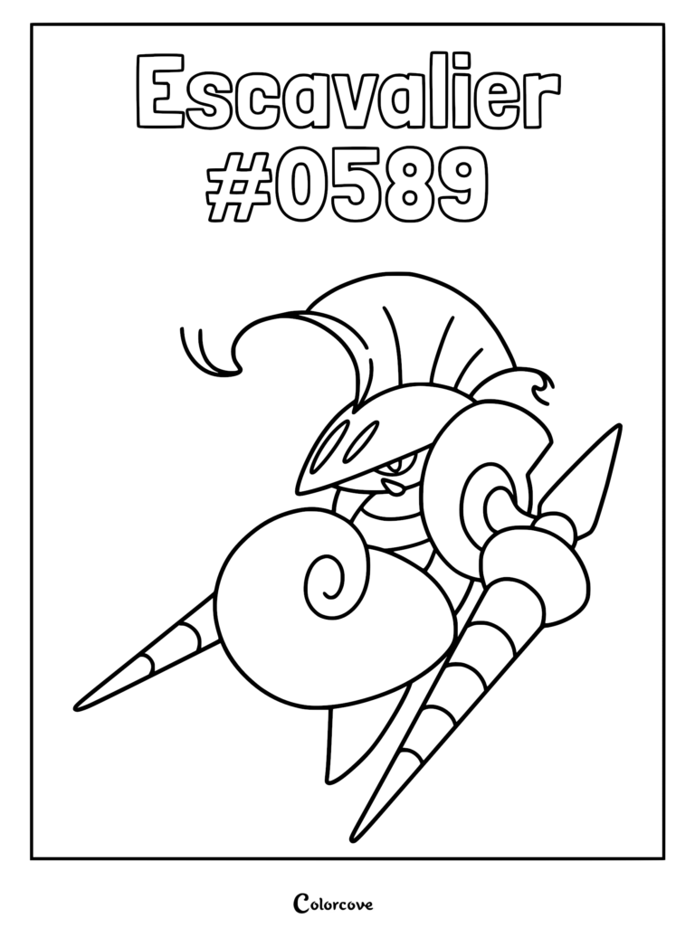 Escavalier Pokemon coloring page featuring the knight-like creature with dual lances and a spiral shell helmet.