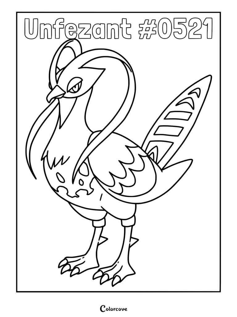 Unfezant Pokemon coloring page featuring the bird character with long head plumage and patterned tail feathers.