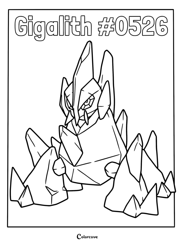 Gigalith Pokemon coloring page featuring the crystalline rock creature with sharp spikes and a central glowing core.