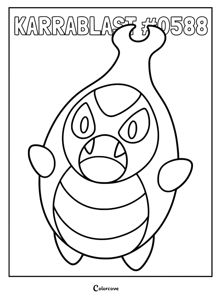 Karrablast #0588 line art coloring page featuring the Unova bug-type Pokemon with its signature horn and striped belly.