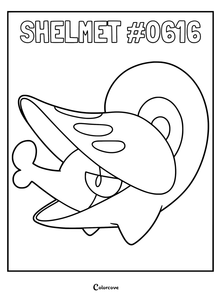 Black and white line art of the Pokemon Shelmet wearing its signature helmet shell, presented as a printable coloring page.