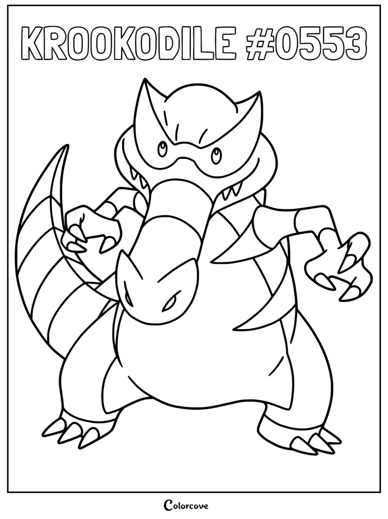 Krookodile standing in a dynamic pose with sharp claws and a mask-like pattern on its face, featured on a printable coloring page.