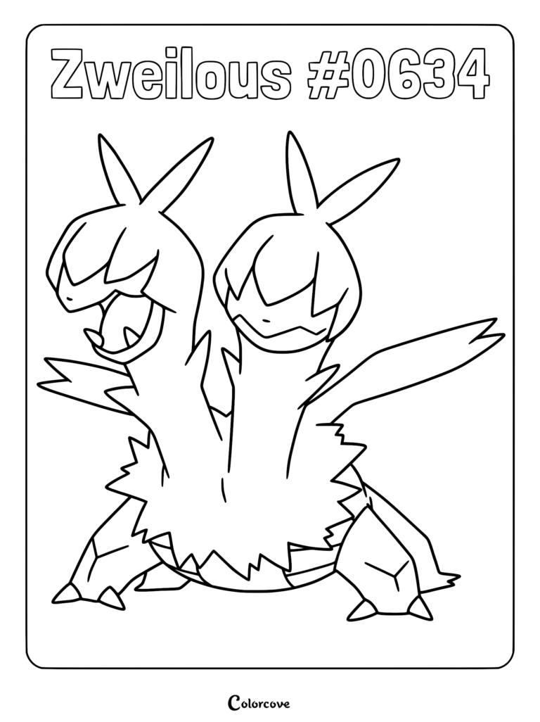 A printable coloring page featuring the two-headed Pokemon Zweilous with its distinct jagged fur and sharp claws.
