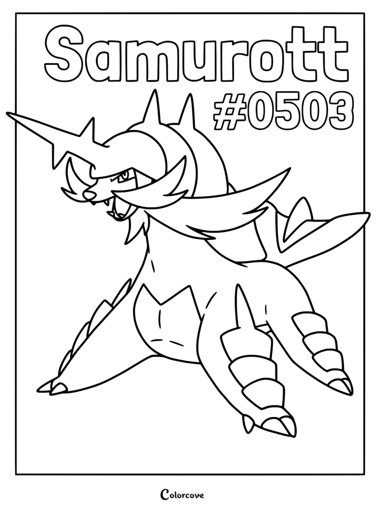 Samurott standing in a dynamic pose with its signature helmet horn and armor, featured on a printable coloring page.