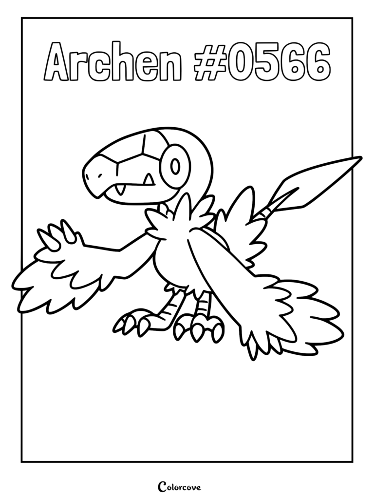 A printable coloring page featuring the prehistoric Pokemon Archen with its distinct feathered wings and tail, labeled with its name and Pokedex number 0566.