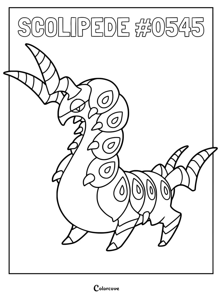 A detailed Scolipede coloring page featuring the centipede-like Pokemon with its signature long antennae and segmented body armor.
