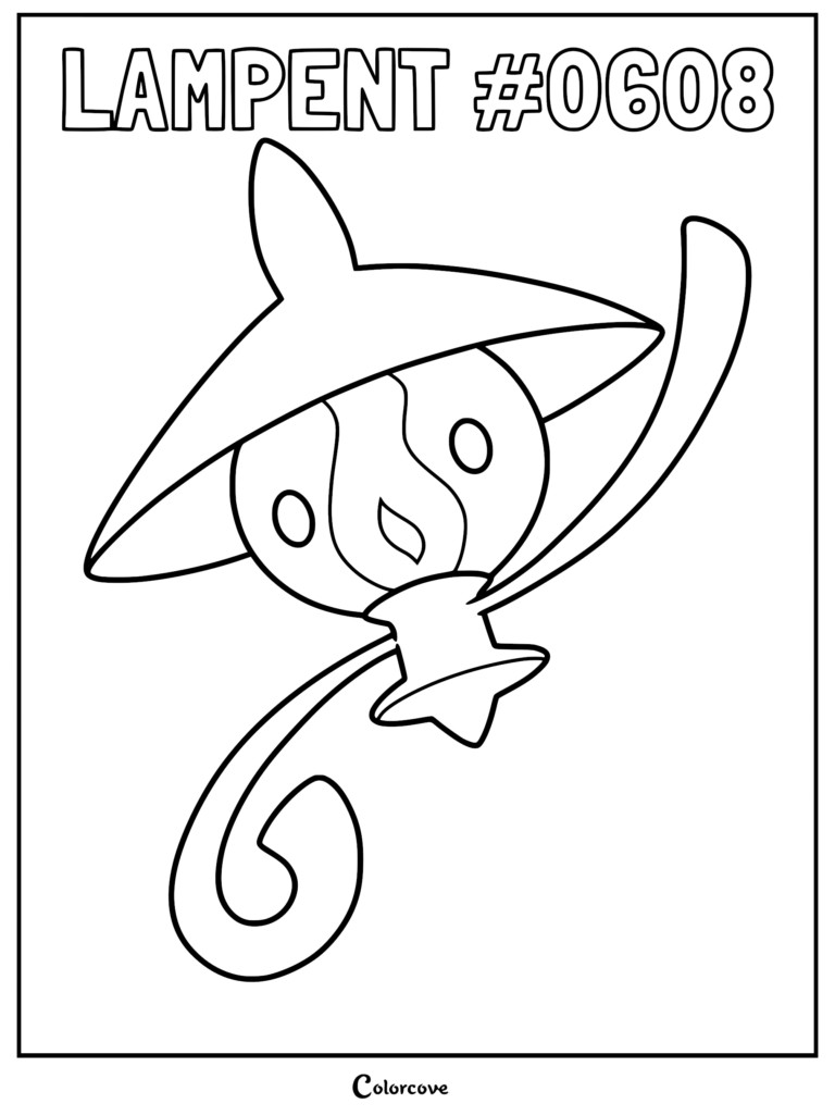 Lampent Pokemon line art coloring page featuring the ghost-type lamp creature with a flame inside its glass shade.