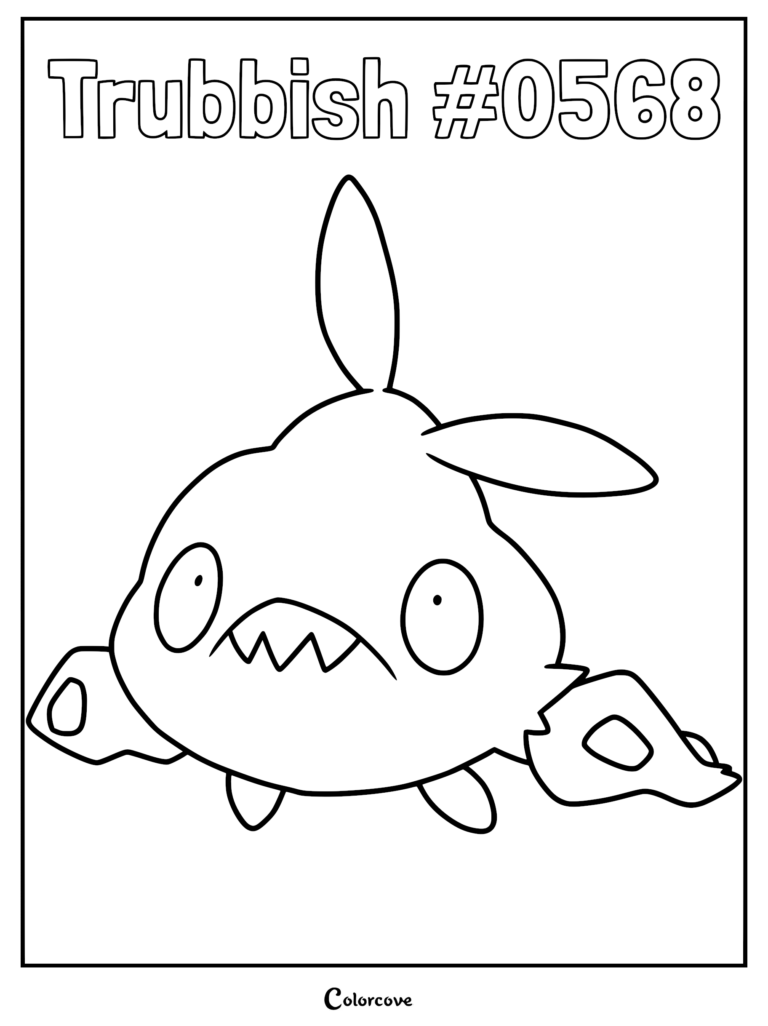 A printable coloring page featuring the Unova Pokemon Trubbish with its distinct trash bag body and two pointed ears.