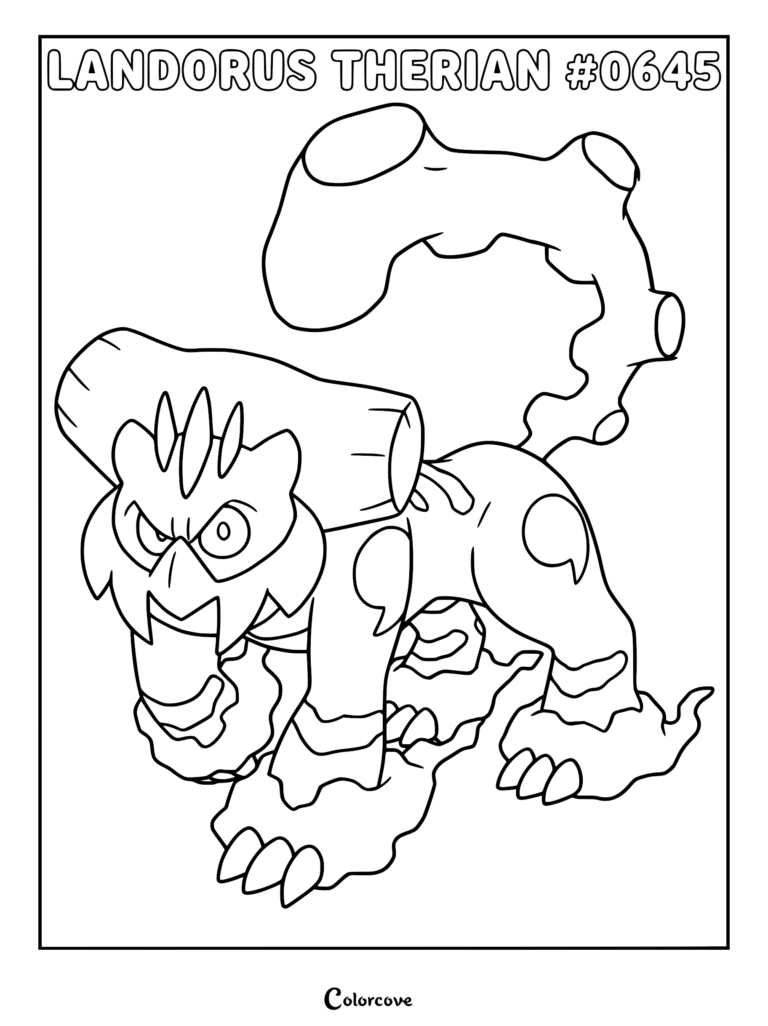 Landorus Therian Forme with its signature cloud-like tail and powerful stance in a printable coloring page.