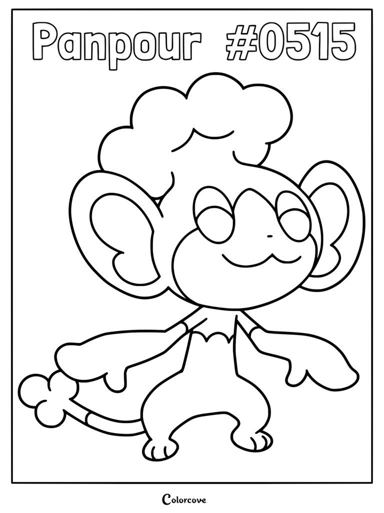 Panpour #0515 line art coloring page featuring the water-type monkey Pokemon with its signature cloud-like crest and large ears.