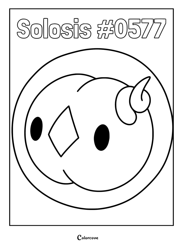 A printable Solosis coloring page featuring the round psychic-type Pokemon encased in a clear membrane with its signature diamond-shaped face and curled antenna.