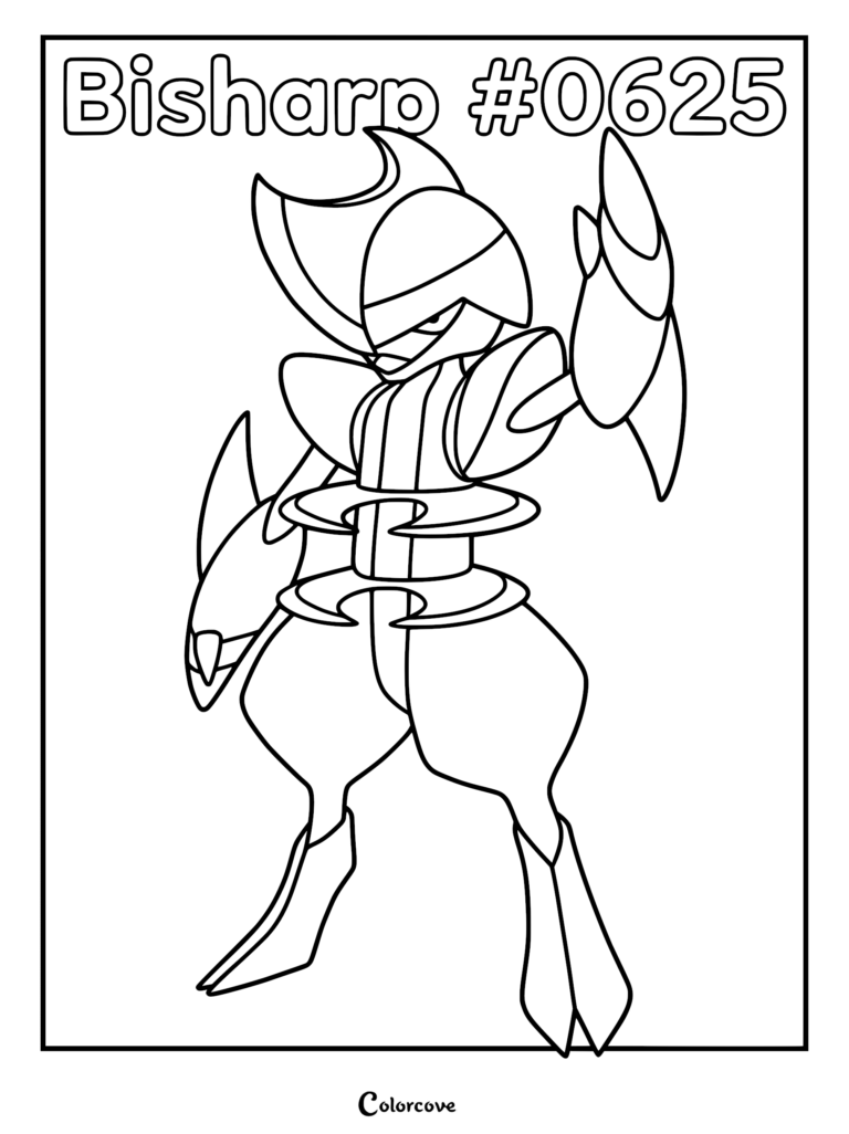 Bisharp #0625 standing in a heroic pose, detailed line art coloring page of the Unova region steel-type Pokemon.