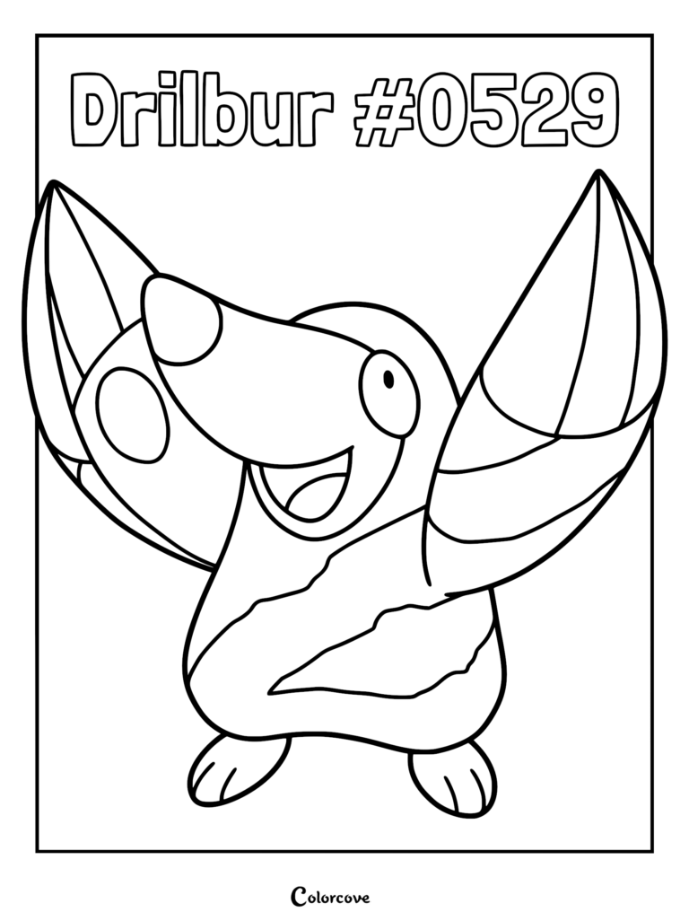 Drilbur #0529 line art coloring page showing the mole Pokemon with large claws raised high.