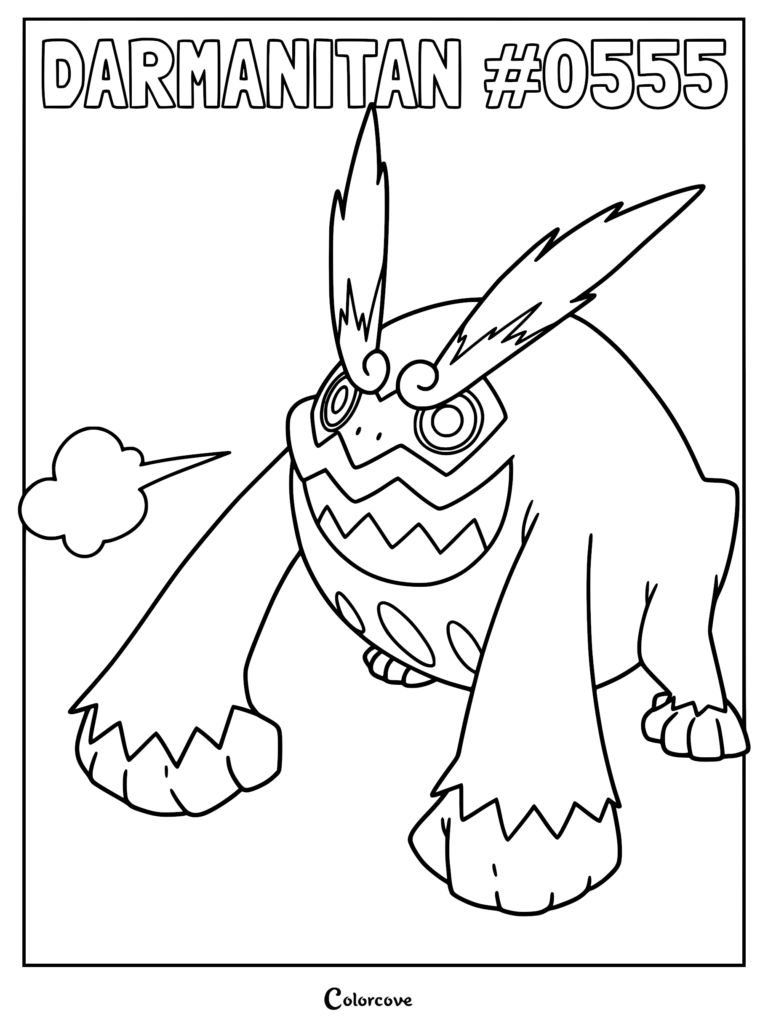 Darmanitan Pokemon coloring page featuring the Unova region creature with large eyebrows and a wide grin.