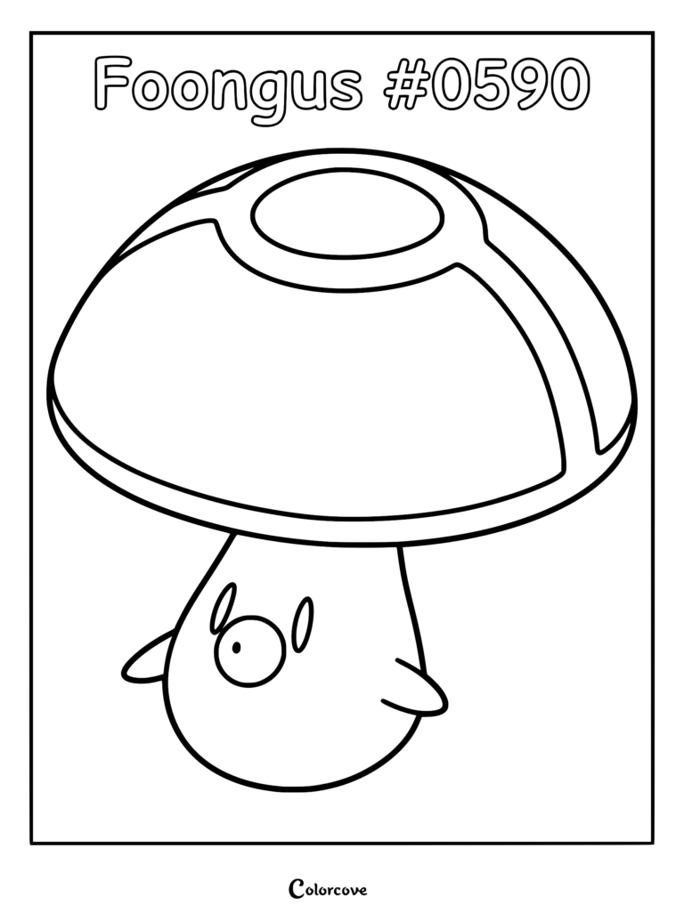 A clean line art coloring page of the Pokemon Foongus, featuring its mushroom-cap head and simple body design.