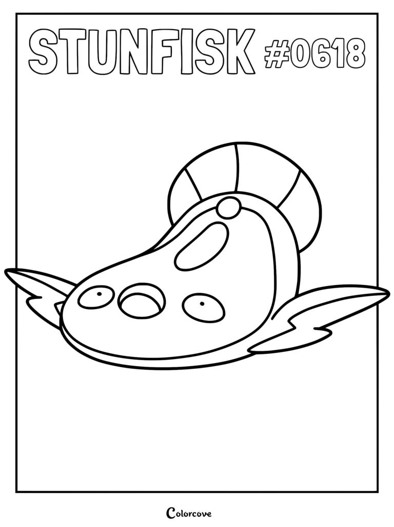 A printable Stunfisk coloring page featuring the flat, trap-like Pokemon with its distinct fins and wide eyes.