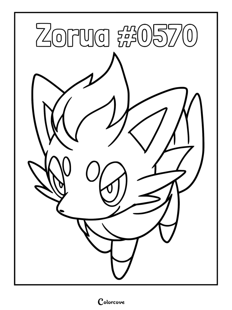 A printable Zorua coloring page featuring the Unova Pokemon with its signature tufted hair and pointed ears.