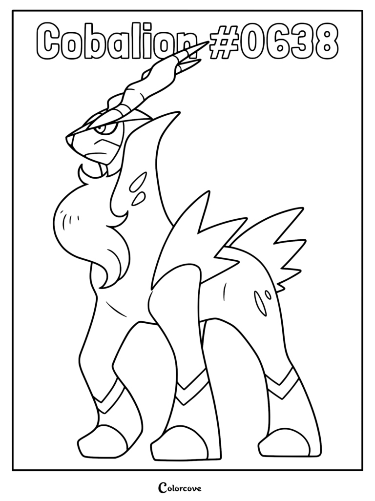 A detailed line art coloring page of the legendary Pokemon Cobalion standing in a proud pose with its signature horn and mane.