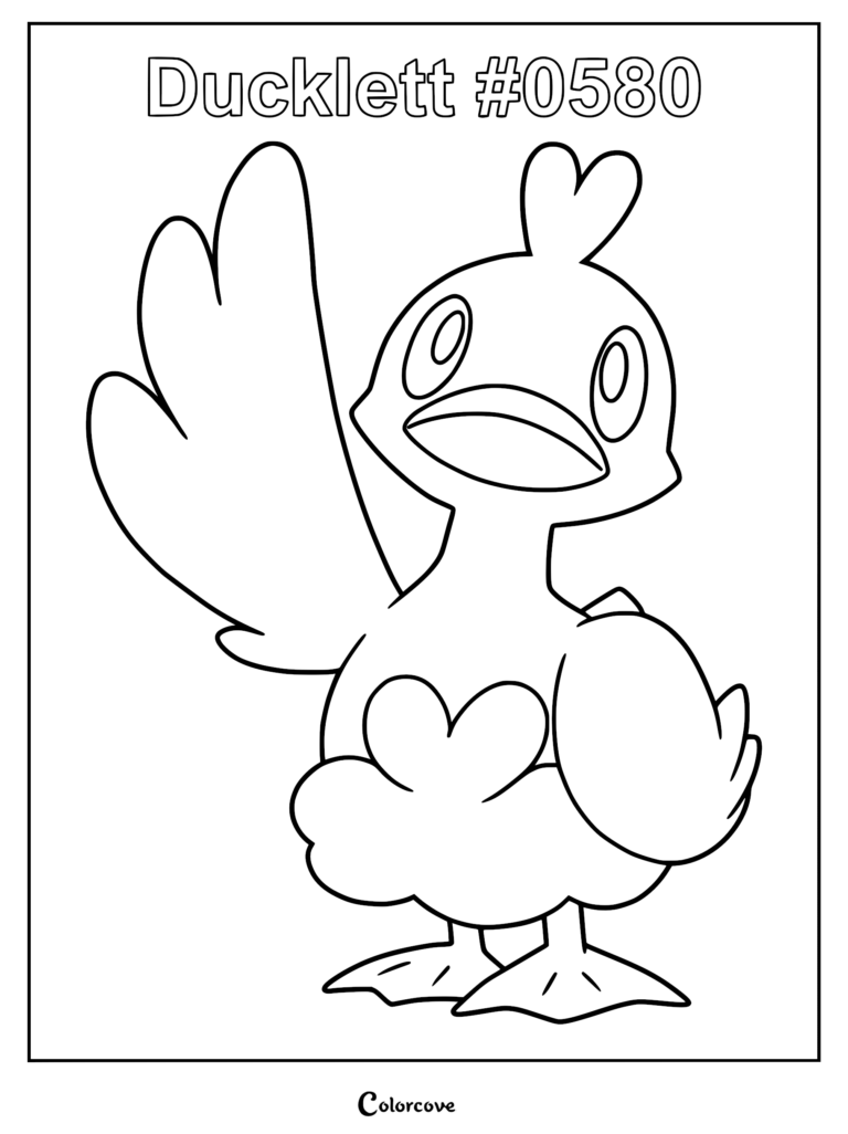 Ducklett Pokemon #0580 line art coloring page featuring the water-type bird with a heart-shaped chest pattern and raised wing.