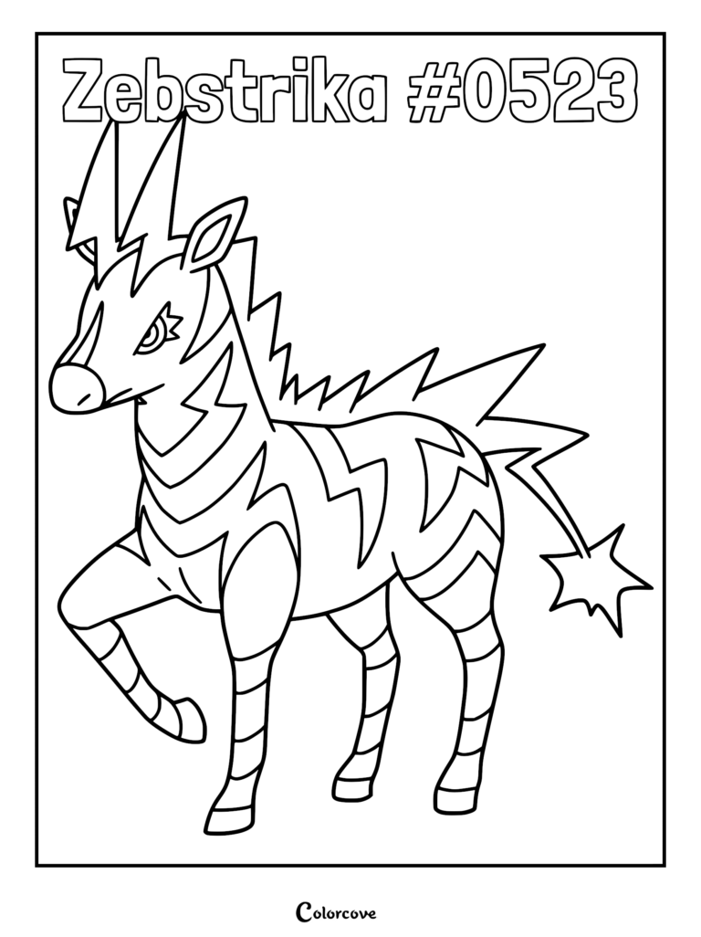 A printable coloring page featuring the Unova Pokemon Zebstrika with its signature lightning bolt stripes and star-shaped tail.
