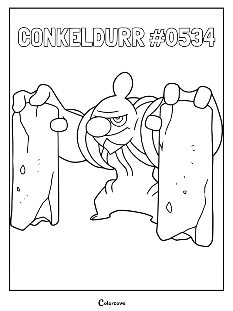 Conkeldurr holding two large concrete pillars in a black and white line art coloring page style.