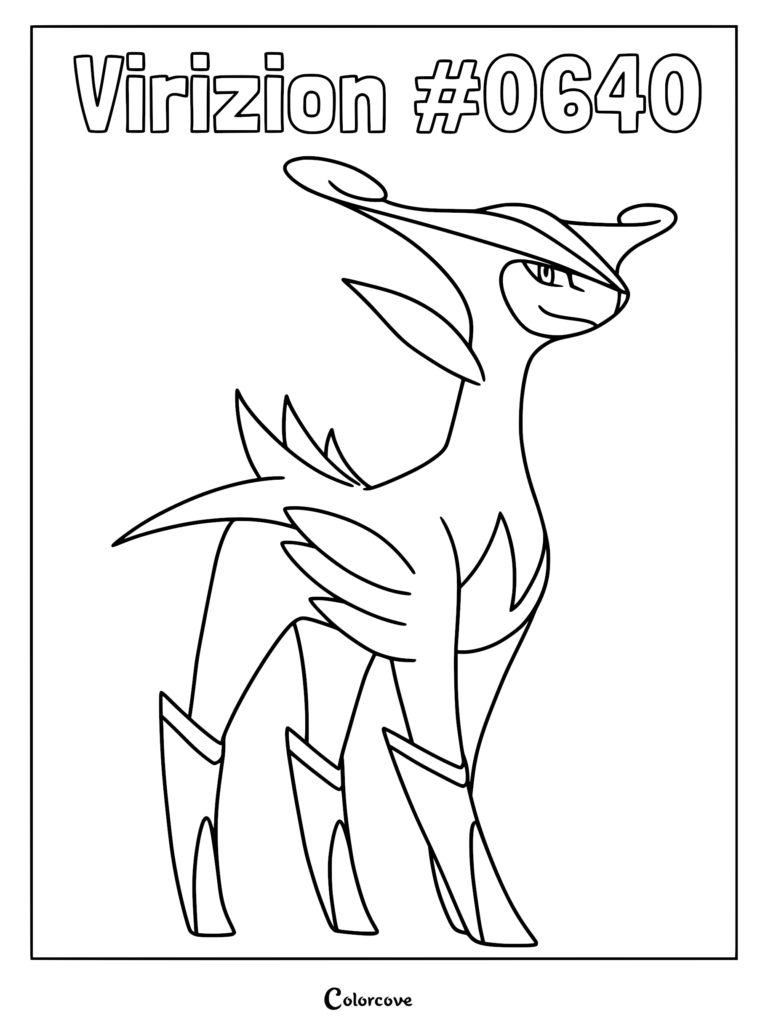Virizion #0640 standing in a proud pose, detailed line art coloring page of the legendary grass-type Pokemon.