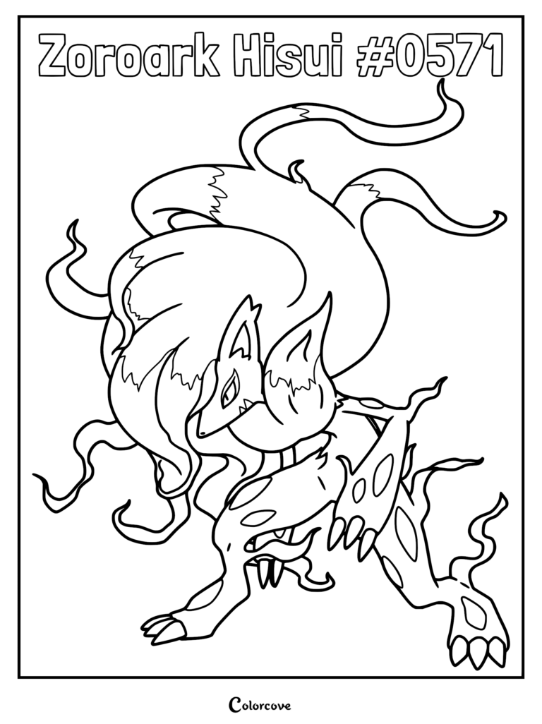 Hisuian Zoroark with flowing, wispy fur and sharp claws in a detailed line art coloring page.